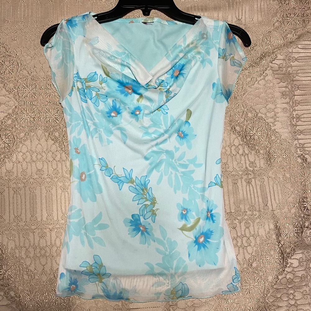 Light Blue Floral Cowl Neck Top